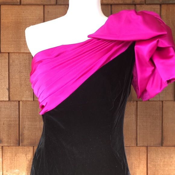 Vintage 1980s Ann Hobbs for cattiva black velvet and pink bow dress, size 10 - Picture 2 of 7